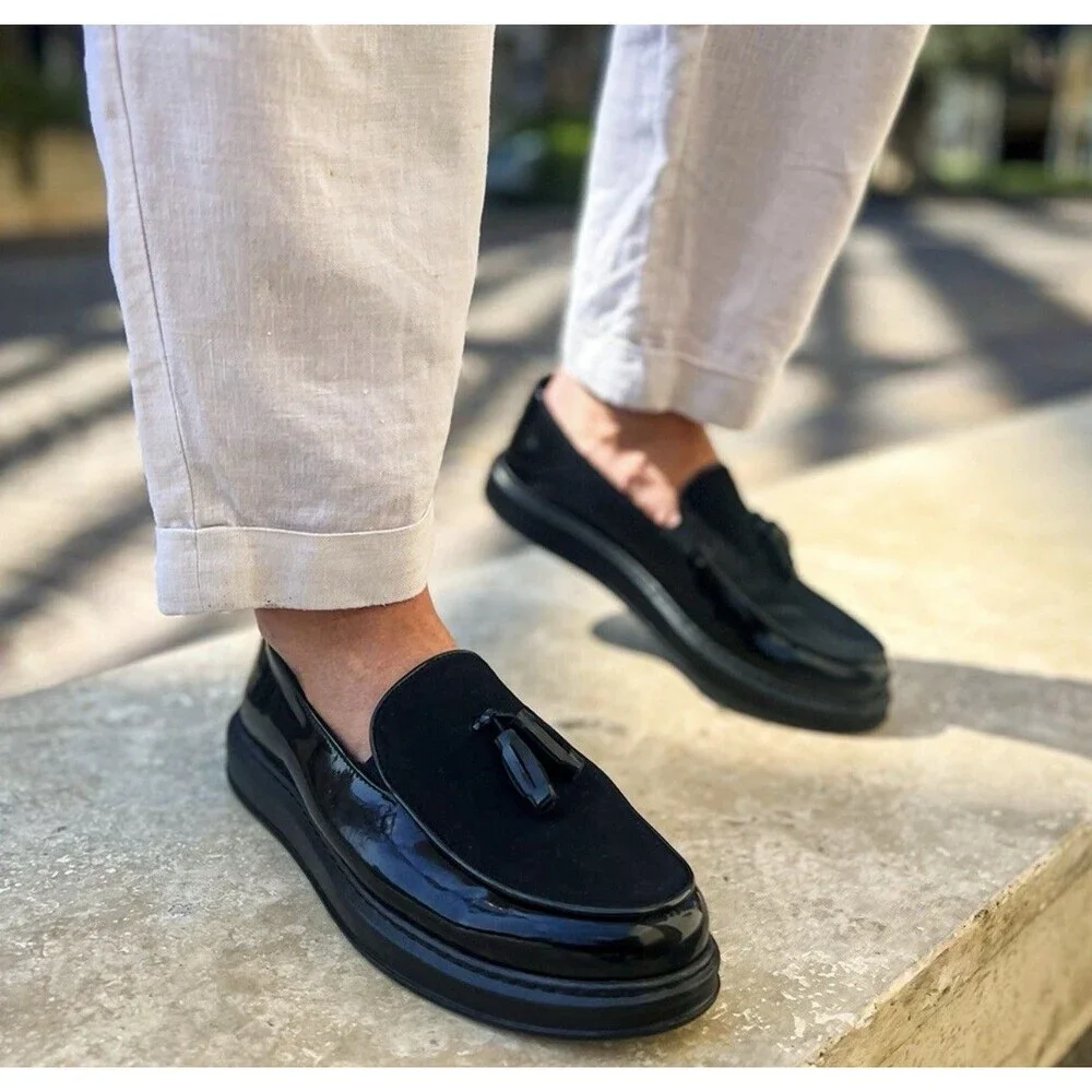 Black Patent Leather Tassel Loafer Slip-On Ram&Rock Dress Shoes US M 10.5/W 12
